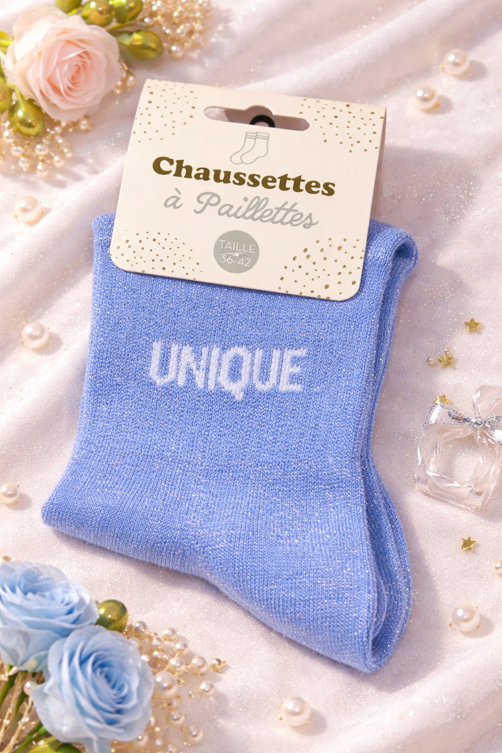 Chaussettes à paillettes – message brodé – taille 36-42