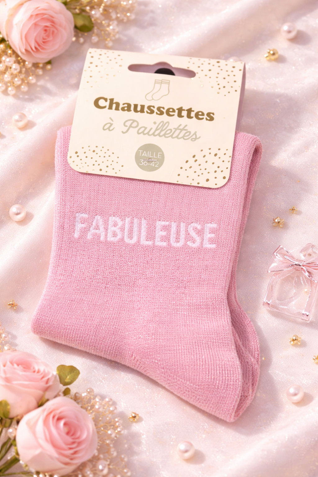 Chaussettes à paillettes – message brodé – taille 36-42