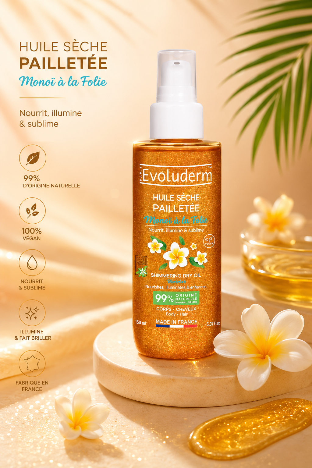 Huile Sèche Pailletée Monoï à la Folie - 150ml - 99% d'Ingrédients d'Origine Naturelle